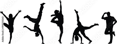 Dynamic dance and fitness silhouette collection showing acrobat moves, yoga balance, breakdance poses, energetic motion, healthy lifestyle illustration design