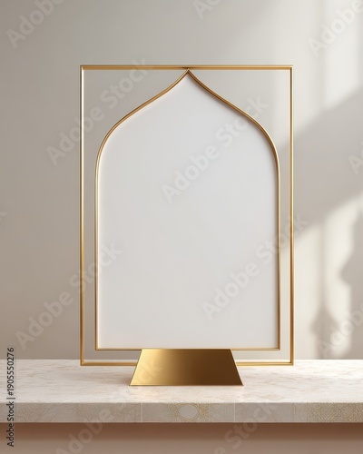 Elegant gold frame with a blank white center standing on a table, Ramadan decoration background
