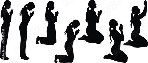 Silhouette, woman, praying, kneeling, poses, spiritual, worship, religion, faith, meditation, devotion, islamic, christian, prayer, sequence, black, figure, white, background, illustration