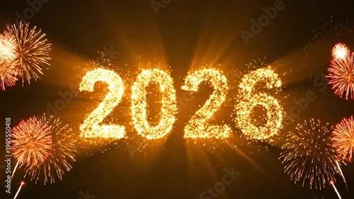 Sparkling 2026 formation surrounded by fireworks on a dark background