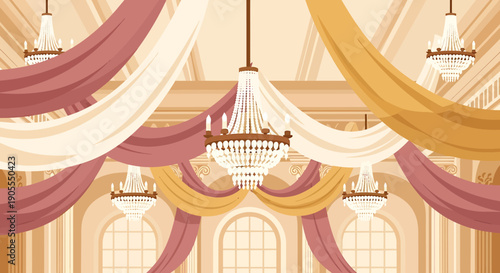 Luxurious drapes and chandeliers adorn an opulent hall with arched windows and elegant decor from a low-angle viewpoint