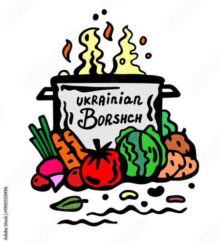 Vegetable set for Ukrainian borscht, near the pot. Vector color illustration on a white isolated background