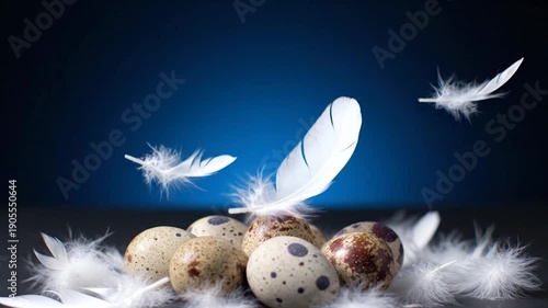 Speckled eggs nestled amidst feathers, with drifting plumage, against a deep blue backdrop