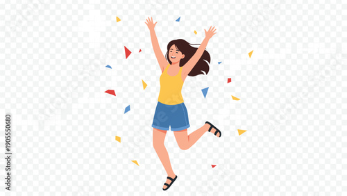 Happy young woman jumping for joy with colorful confetti pieces isolated on transparent background for celebration success winning and party