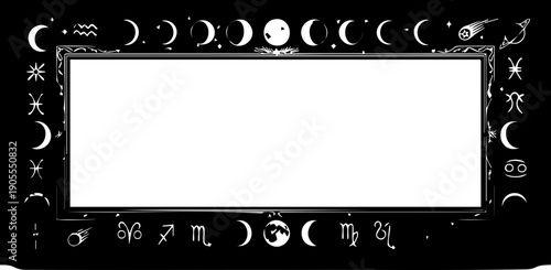 A vector graphic illustration of a mystical frame with zodiac signs and moon phases on a black background