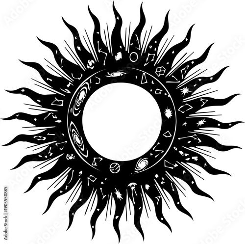 A black and white vector graphic illustration of a sun symbol with flames and runes