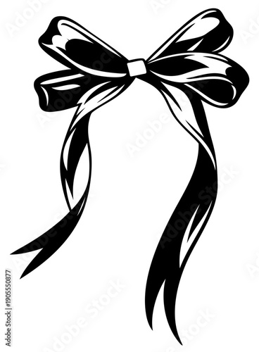 Slim satin ribbon bow with curved ends, smooth glossy fabric