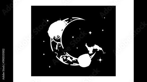 A minimalist vector graphic of a crescent moon with a sleeping cat and dog in a starry night sky