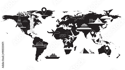 Global World Map Silhouette in Black and White Artwork.