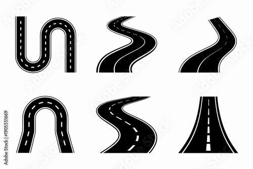 Winding road or highway, asphalt road with turns, curvy road isolated on white background, set of roads