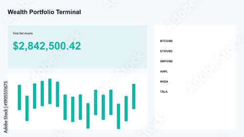 Wealth Portfolio Terminal UI vector illustration with financial data, candlestick chart, and total net assets display