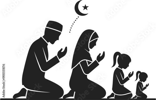 Muslim family praying together in silhouette, father mother and children kneeling on prayer mats, crescent moon and star above them, signifying devotion and unity during religious observance.