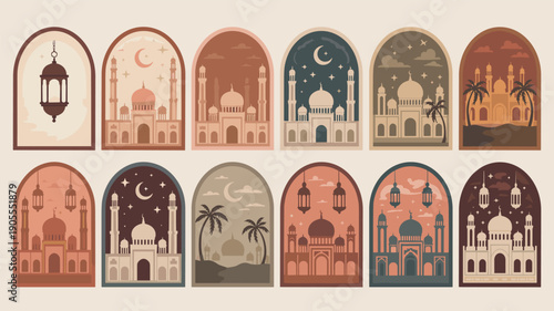 Collection of bohemian style mosque landscapes with palm trees and crescent moons for ramadan celebration designs