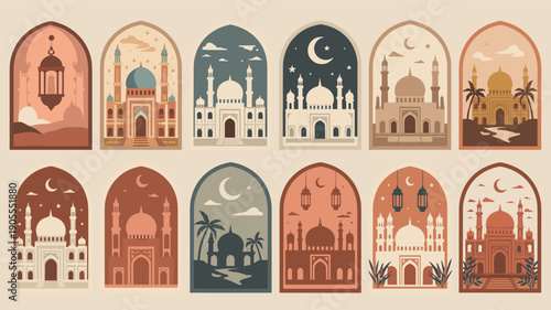 Set of minimalist islamic architecture illustrations featuring mosque silhouettes with crescent moons and lanterns