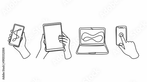 Continuous line drawing of hands holding smartphone, tablet, and laptop with abstract screen design