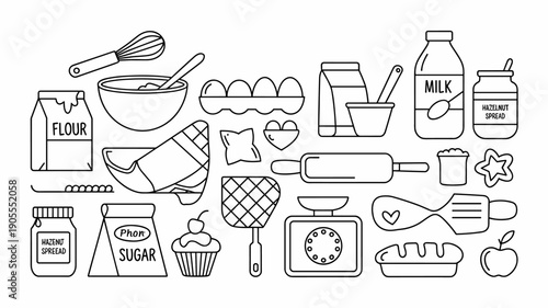Hand drawn baking ingredients and kitchen tools flat icon set on white background