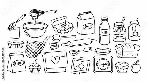 Hand drawn baking ingredients and kitchen tools flat icon set on white background