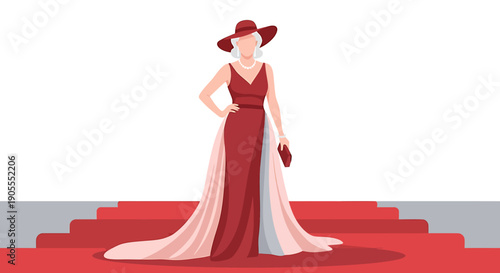 A woman in a red dress and hat standing on red stairs with a clutch