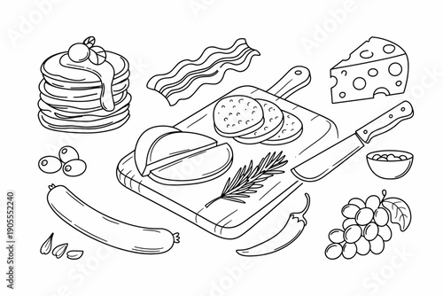 Gourmet breakfast and appetizer board illustration featuring pancakes sausage bacon cheese and fresh grapes drawing