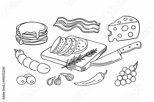 Hand drawn food platter sketch including stacks of pancakes crispy bacon swiss cheese grapes and spicy chili pepper