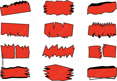 Red comic speech bubbles collection with torn edges and paper textures isolated on transparent background vector set