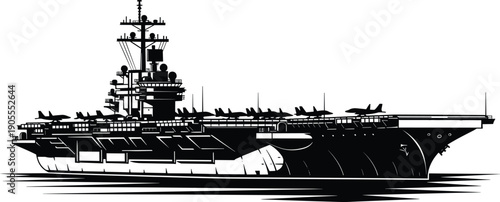 Aircraft carrier warship silhouette isolated on white background, military naval vessel illustration for defense, navy, ocean, transportation, strategy design use