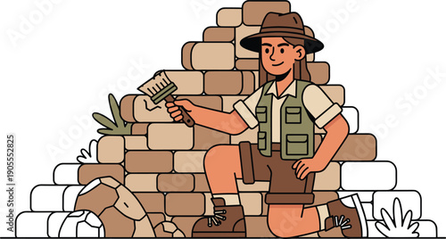 Cartoon Explorer Sitting on Rock Pile.