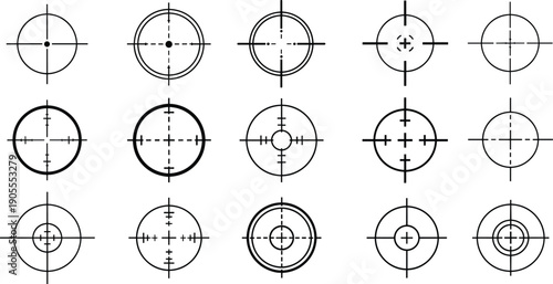 Crosshair target reticle symbols collection isolated on white background, aiming sight icons for shooting, gaming, military, optics, design use