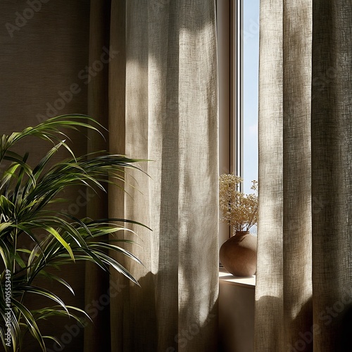 A serene indoor plant positioned in a window with sunlight filtering through soft linen curtains