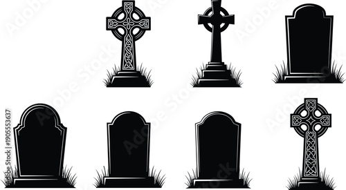 Gravestone and cross tombstone silhouettes set, cemetery memorial icons collection, black vector illustration isolated on white background minimal flat design