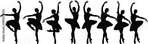 Black silhouette illustration of ballet dancers in classical poses with tutus and pointe shoes, elegant artistic design symbolizing dance, movement, performance, creativity, and discipline