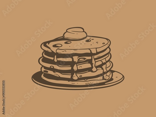 A charming vintage-style line art illustration of a stack of pancakes dripping with syrup and topped with butter, presented on a plate. The earthy brown tones on a tan background give this graphic a 