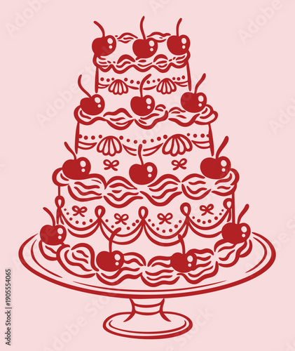 Hand drawn Valentine’s Day tiered cake with cherries, cream layers and decorative icing, romantic heart dessert design for love cards, wedding invitations and sweet decor