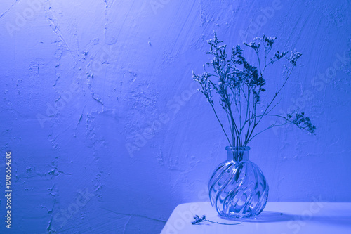 Minimalistic interior decor. Modern still life with a glass vase and decorative Limonium flowers on a blue background