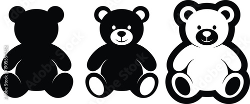 Minimal teddy bear icon set, black white silhouette vector illustration, cute toy characters, modern flat design, isolated on white background
