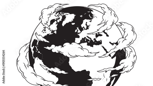 Monochrome globe illustration with swirling clouds and continents.