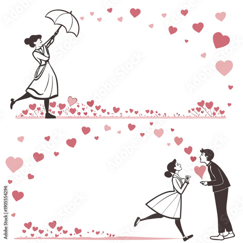 couple in love with hearts around them