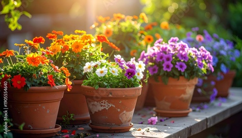 Row of terracotta flower pots, each brimming with bright, colorful blooms bathed in golden sunlight on a weathered surface