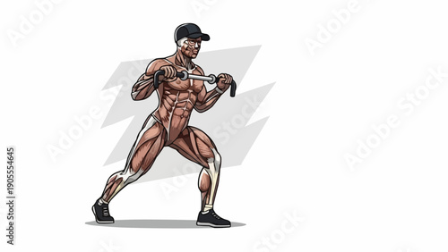 Muscular Man Exercising with Weights and Wearing a Cap.