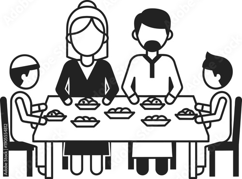 Muslim family gathering for meal at dinner table together in silhouette line art style for ramadan iftar or eid celebration scene with parents and children sharing food vector graphic illustration