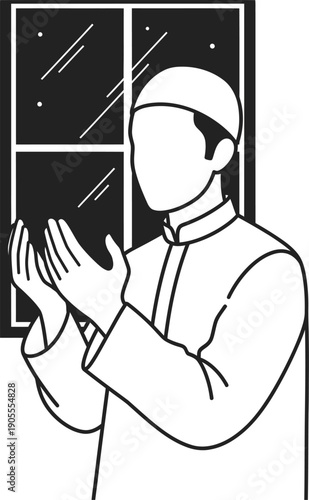 Man praying in front of window at night with hands raised in supplication for spiritual devotion and religious worship scene during holy month ramadan kareem or eid festival vector illustration