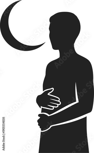 Silhouette of man holding stomach during fasting with crescent moon symbol representing ramadan month or hunger awareness concept for islamic religious observance and health vector illustration