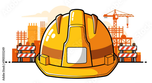 A pixelated yellow safety hard hat on a construction site background.