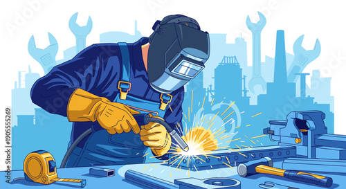A welder at work in a pixel art style, wearing protective gear and welding equipment.