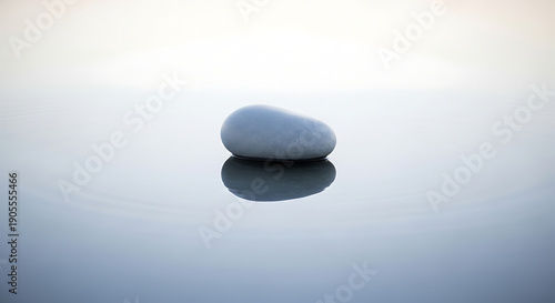 Serene stone on calm water surface reflection.