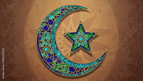 Islamic crescent moon and star symbol with intricate patterns.