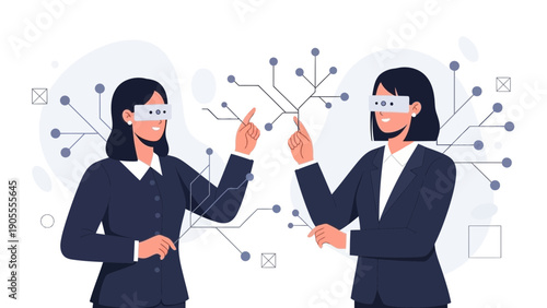 Two women in VR headsets interacting with digital network in virtual reality