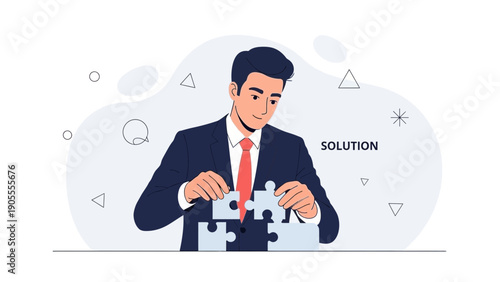 Businessman assembling puzzle pieces, finding a solution, teamwork, strategy concept