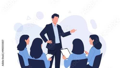 Business Meeting Leader Explaining Strategy to Team, Flat Illustration