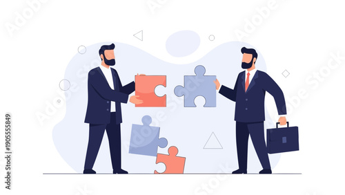 Businessmen connecting puzzle pieces, teamwork and strategy concept